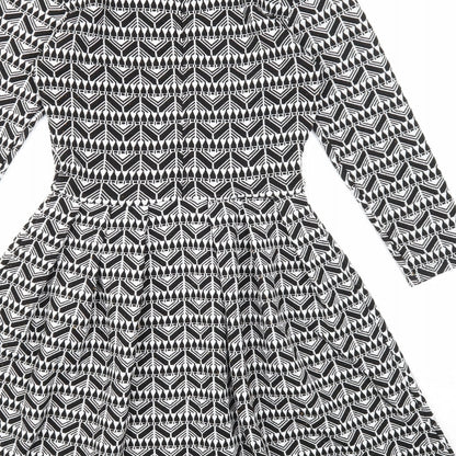 Pull&Bear Womens Black Geometric Polyester Fit & Flare Size L Round Neck Zip