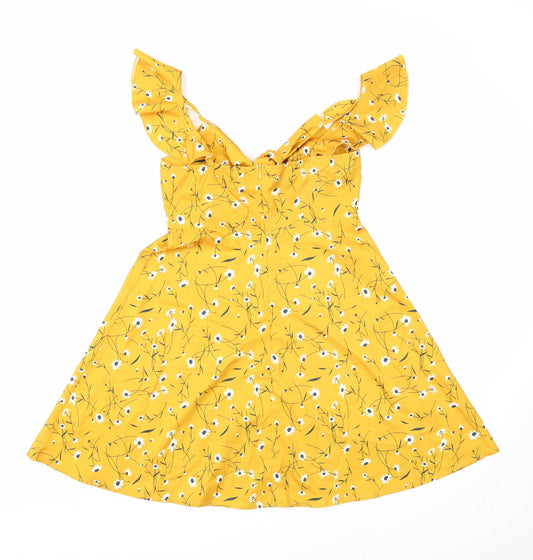 SheIn Womens Yellow Floral Polyester Fit & Flare Size XS V-Neck Zip