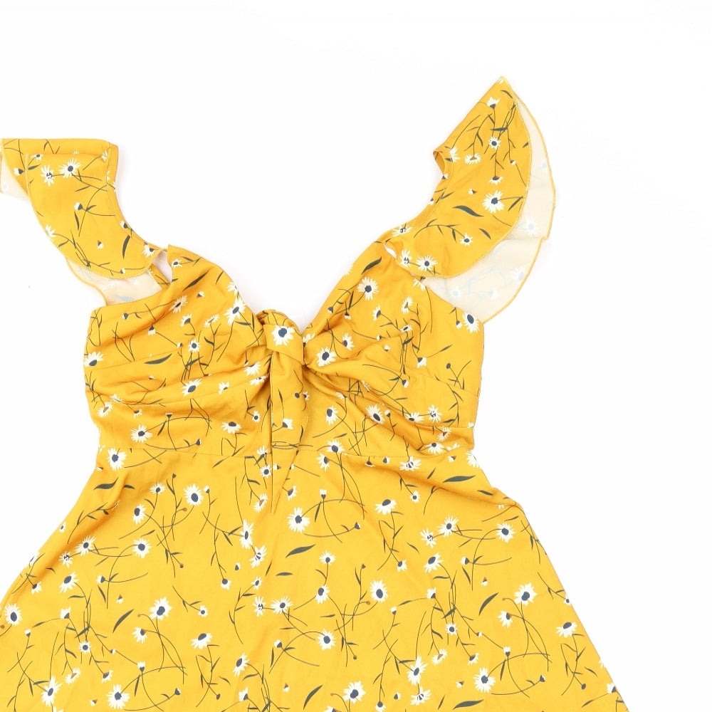 SheIn Womens Yellow Floral Polyester Fit & Flare Size XS V-Neck Zip