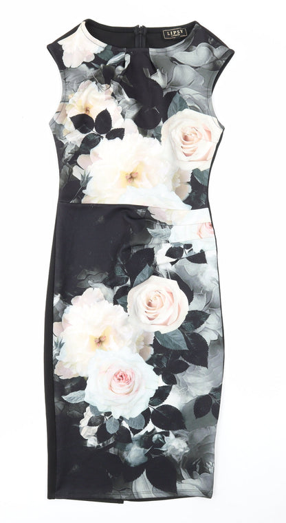 Lipsy Womens Black Floral Polyester A-Line Size 6 Round Neck Zip