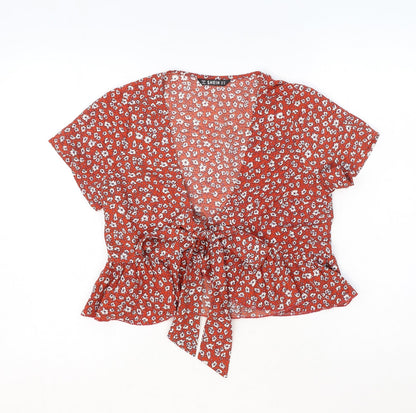 SheIn Womens Orange Floral Polyester Cropped Blouse Size XS V-Neck