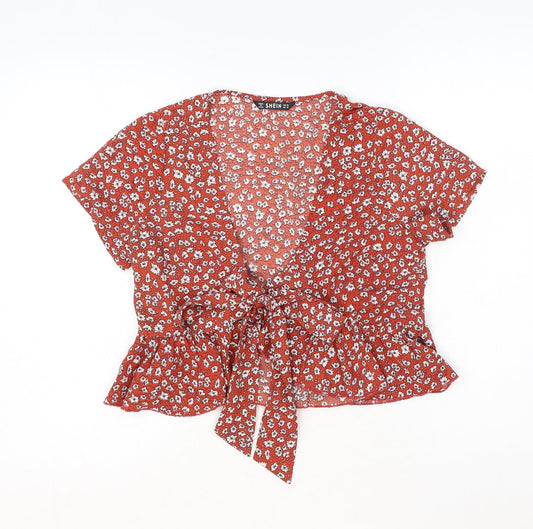 SheIn Womens Orange Floral Polyester Cropped Blouse Size XS V-Neck