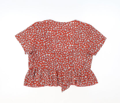SheIn Womens Orange Floral Polyester Cropped Blouse Size XS V-Neck