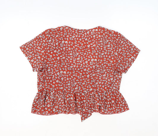 SheIn Womens Orange Floral Polyester Cropped Blouse Size XS V-Neck
