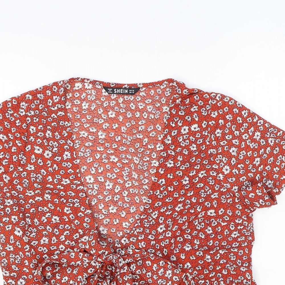 SheIn Womens Orange Floral Polyester Cropped Blouse Size XS V-Neck