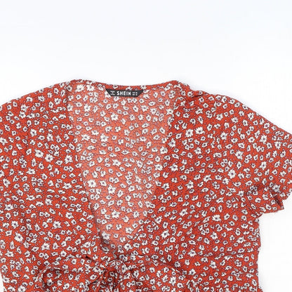 SheIn Womens Orange Floral Polyester Cropped Blouse Size XS V-Neck