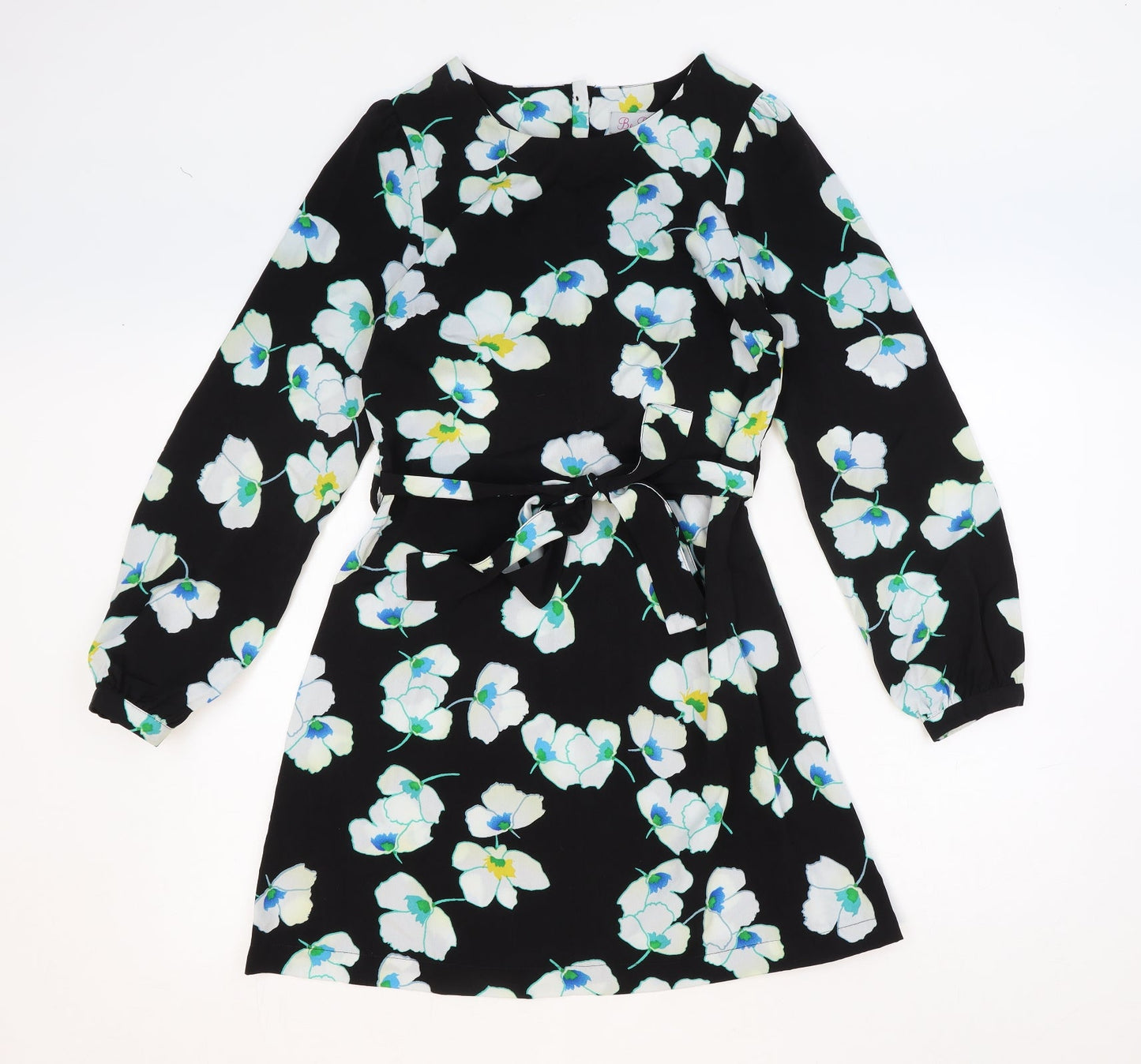 Be Beau Womens Black Floral Polyester Mini Size 8 Boat Neck Button
