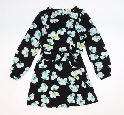 Be Beau Womens Black Floral Polyester Mini Size 8 Boat Neck Button