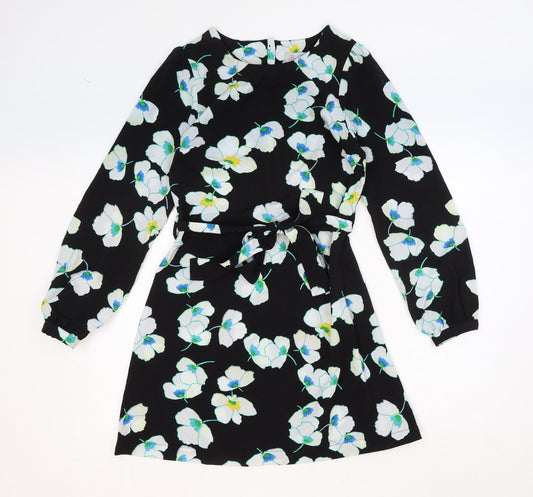 Be Beau Womens Black Floral Polyester Mini Size 8 Boat Neck Button