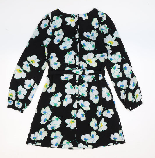 Be Beau Womens Black Floral Polyester Mini Size 8 Boat Neck Button