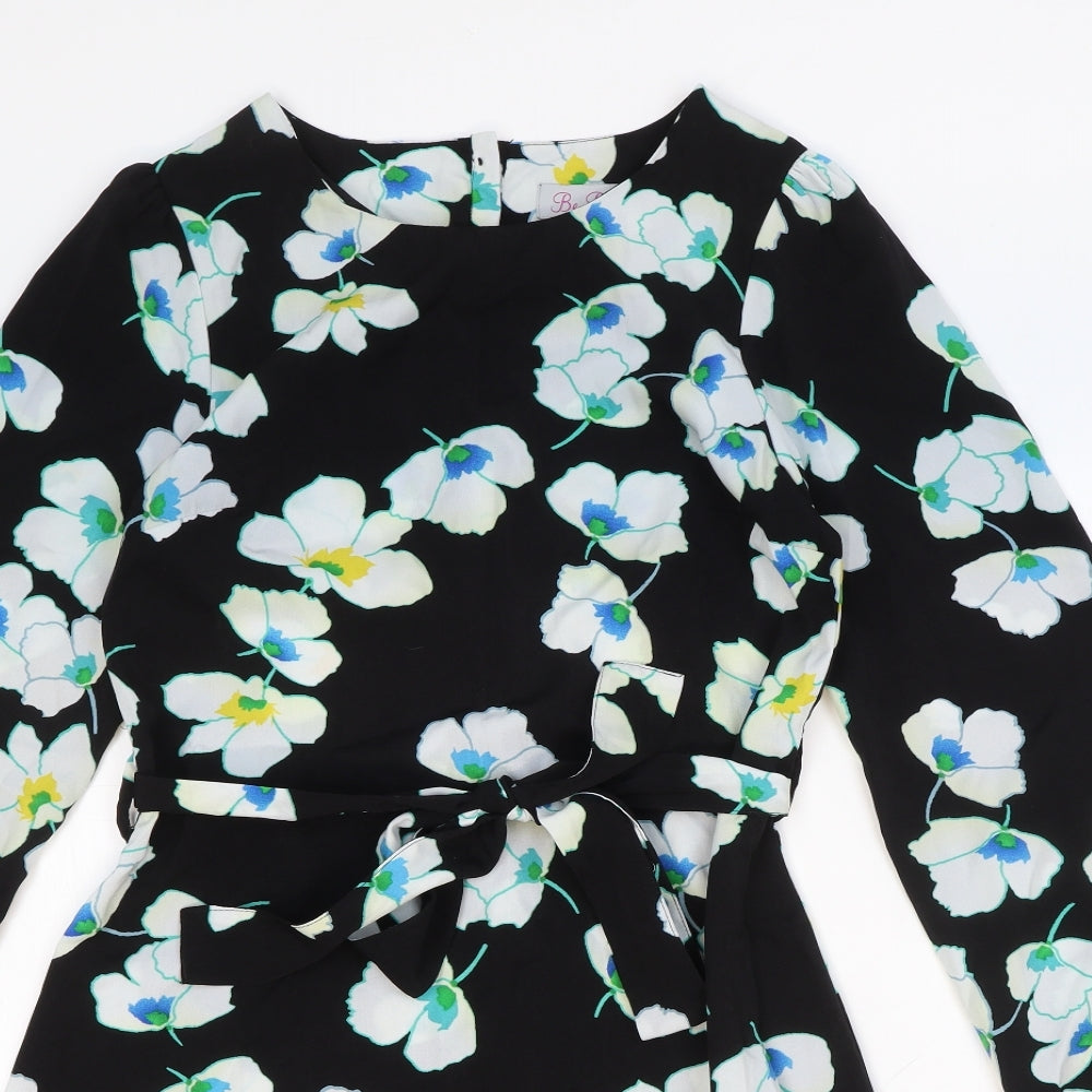 Be Beau Womens Black Floral Polyester Mini Size 8 Boat Neck Button