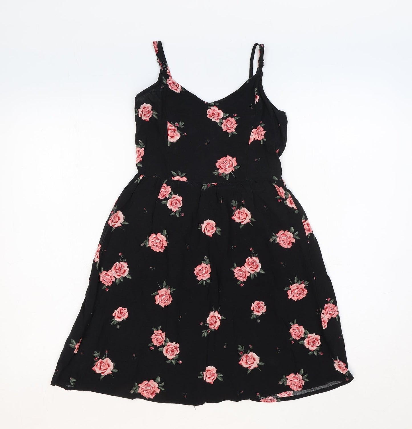 H&M Womens Black Floral Viscose Slip Dress Size 4 V-Neck Pullover - Shirred Back