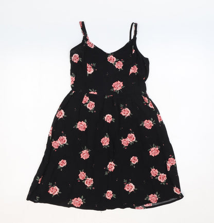 H&M Womens Black Floral Viscose Slip Dress Size 4 V-Neck Pullover - Shirred Back