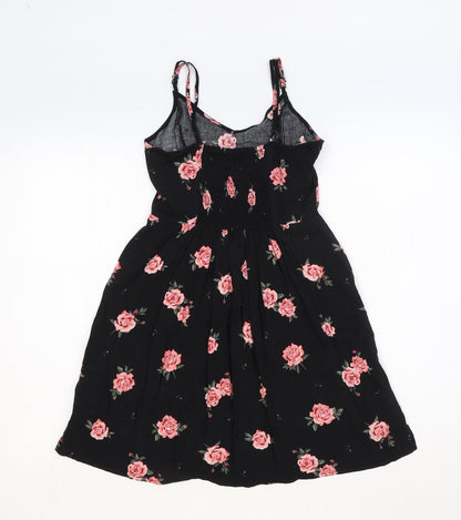 H&M Womens Black Floral Viscose Slip Dress Size 4 V-Neck Pullover - Shirred Back
