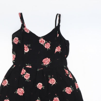 H&M Womens Black Floral Viscose Slip Dress Size 4 V-Neck Pullover - Shirred Back