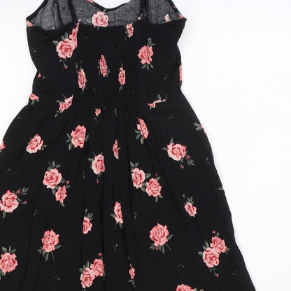 H&M Womens Black Floral Viscose Slip Dress Size 4 V-Neck Pullover - Shirred Back