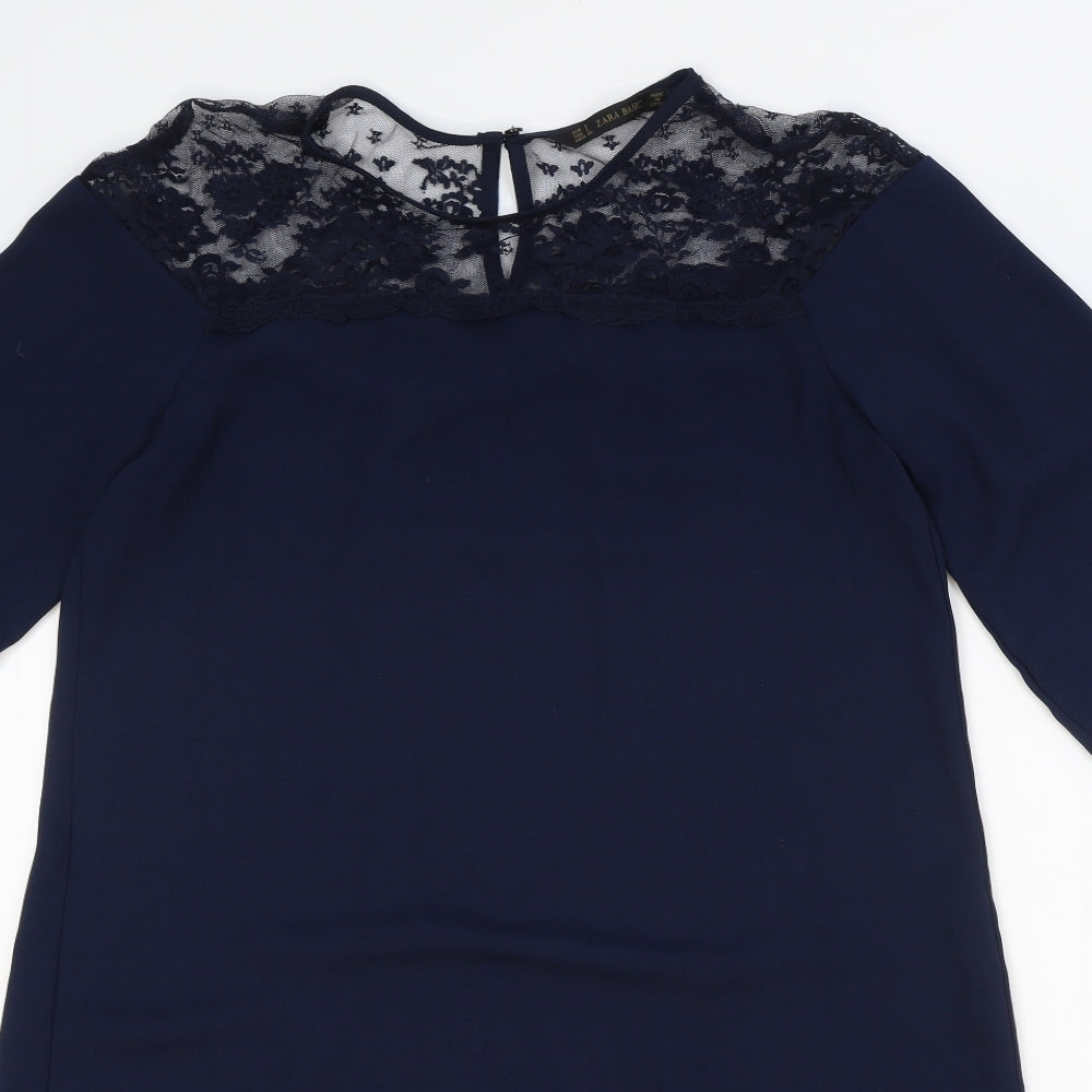 Zara Womens Blue Polyester Shift Size S Boat Neck Button - Lace Detail