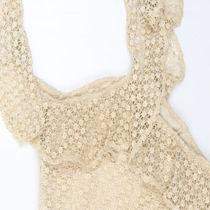 Preworn Womens Beige Polka Dot Polyester Trapeze & Swing Size S Square Neck Zip