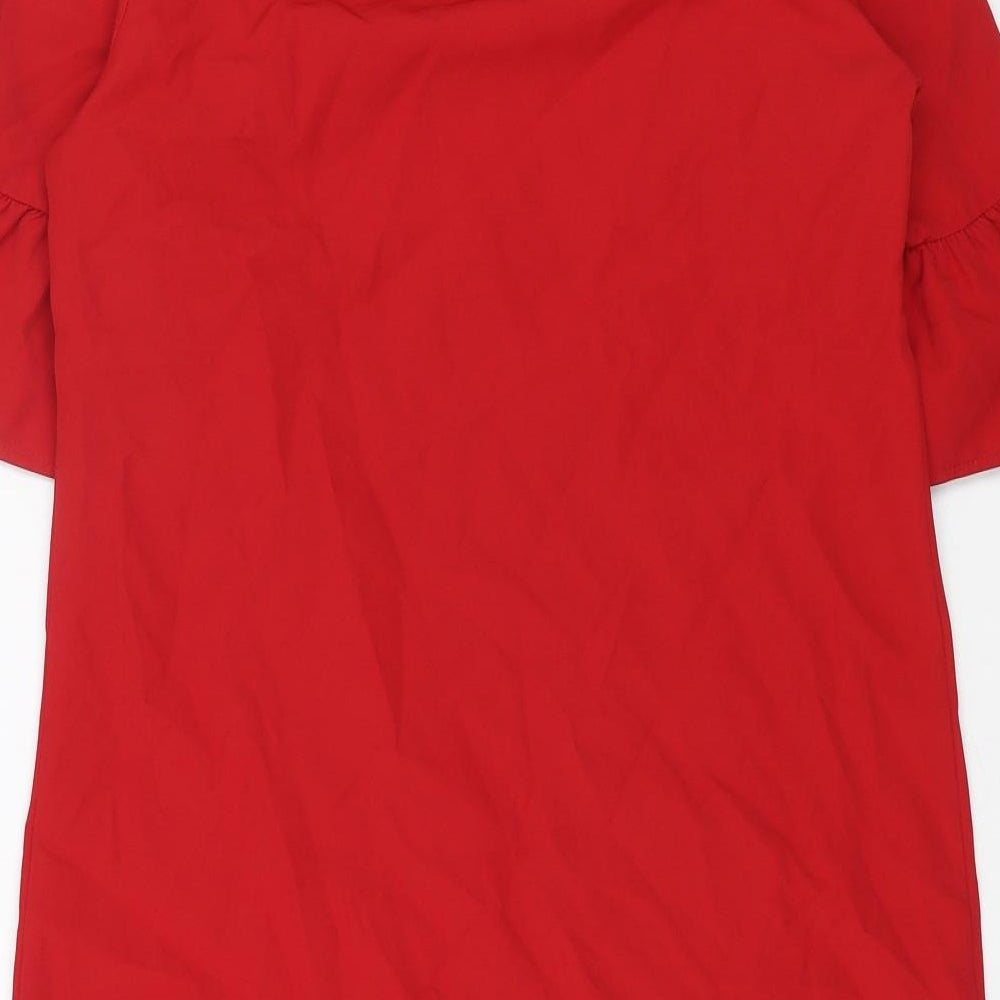 FUNNOW Womens Red Polyester A-Line Size M Round Neck Button