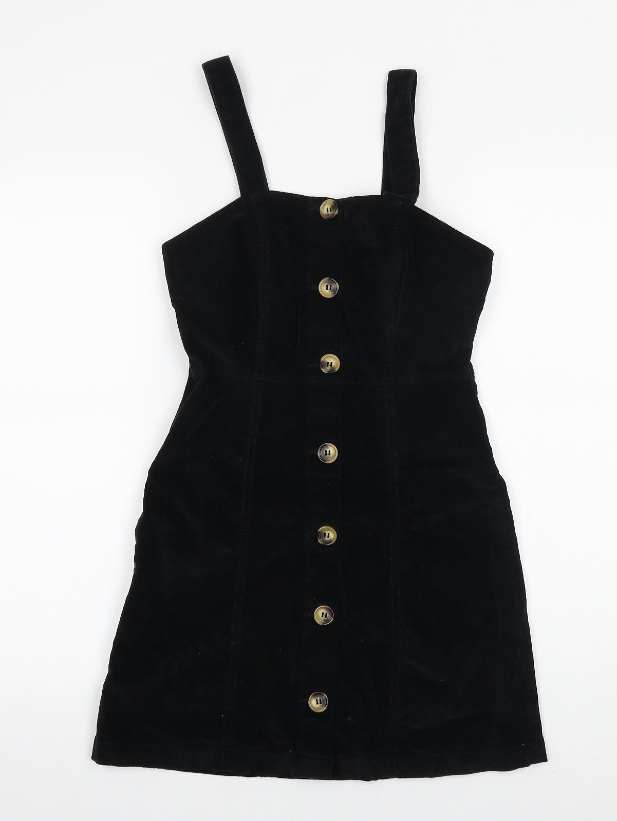 Denim & Co. Womens Black Herringbone Cotton Pinafore/Dungaree Dress Size 6 Square Neck Button