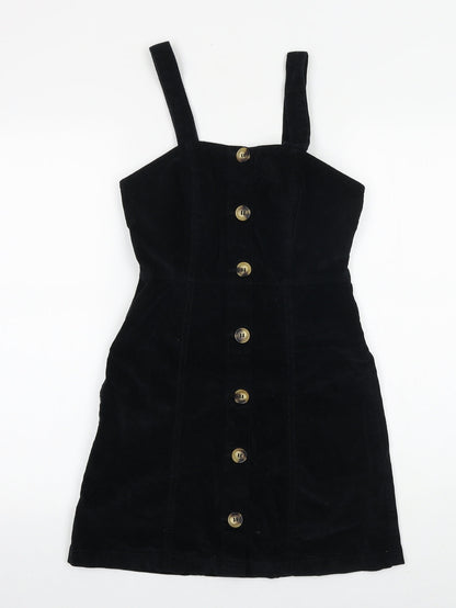 Denim & Co. Womens Black Herringbone Cotton Pinafore/Dungaree Dress Size 6 Square Neck Button