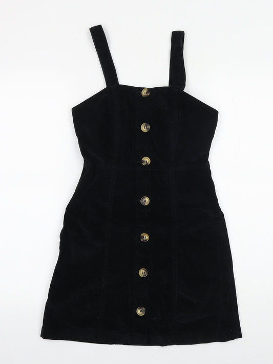 Denim & Co. Womens Black Herringbone Cotton Pinafore/Dungaree Dress Size 6 Square Neck Button