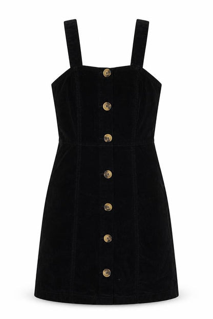 Denim & Co. Womens Black Herringbone Cotton Pinafore/Dungaree Dress Size 6 Square Neck Button