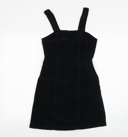 Denim & Co. Womens Black Herringbone Cotton Pinafore/Dungaree Dress Size 6 Square Neck Button