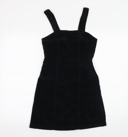 Denim & Co. Womens Black Herringbone Cotton Pinafore/Dungaree Dress Size 6 Square Neck Button