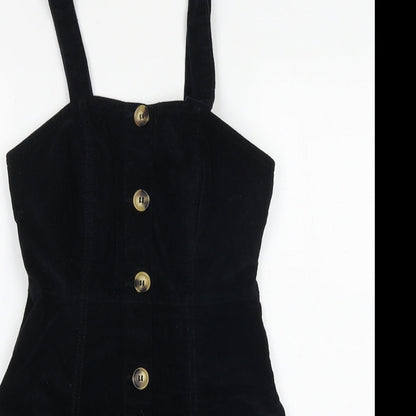 Denim & Co. Womens Black Herringbone Cotton Pinafore/Dungaree Dress Size 6 Square Neck Button