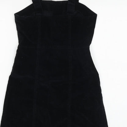 Denim & Co. Womens Black Herringbone Cotton Pinafore/Dungaree Dress Size 6 Square Neck Button