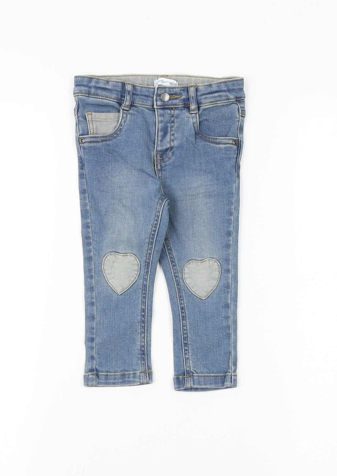 Vertbaudet Baby Blue Cotton Jogger Jeans Size 12 Months L50 cm Button - Heart Patches