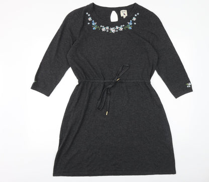 Yumi Womens Grey Floral Polyester Fit & Flare Size L Round Neck Tie