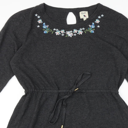 Yumi Womens Grey Floral Polyester Fit & Flare Size L Round Neck Tie