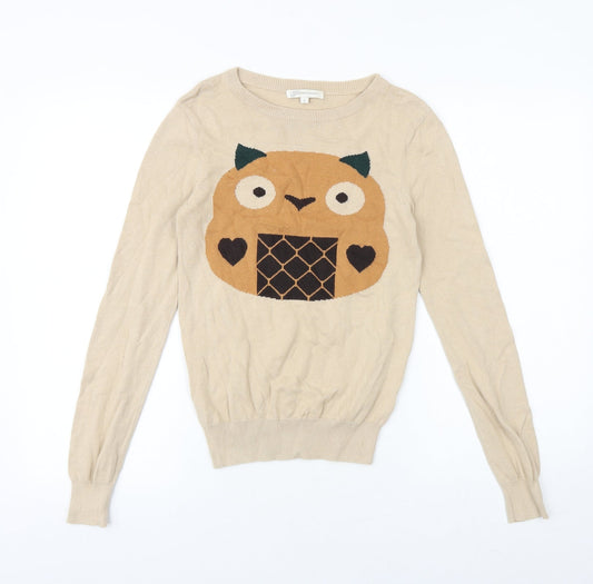 Glamorous Womens Beige Boat Neck 100% Cotton Pullover Jumper Size 6 - Owl