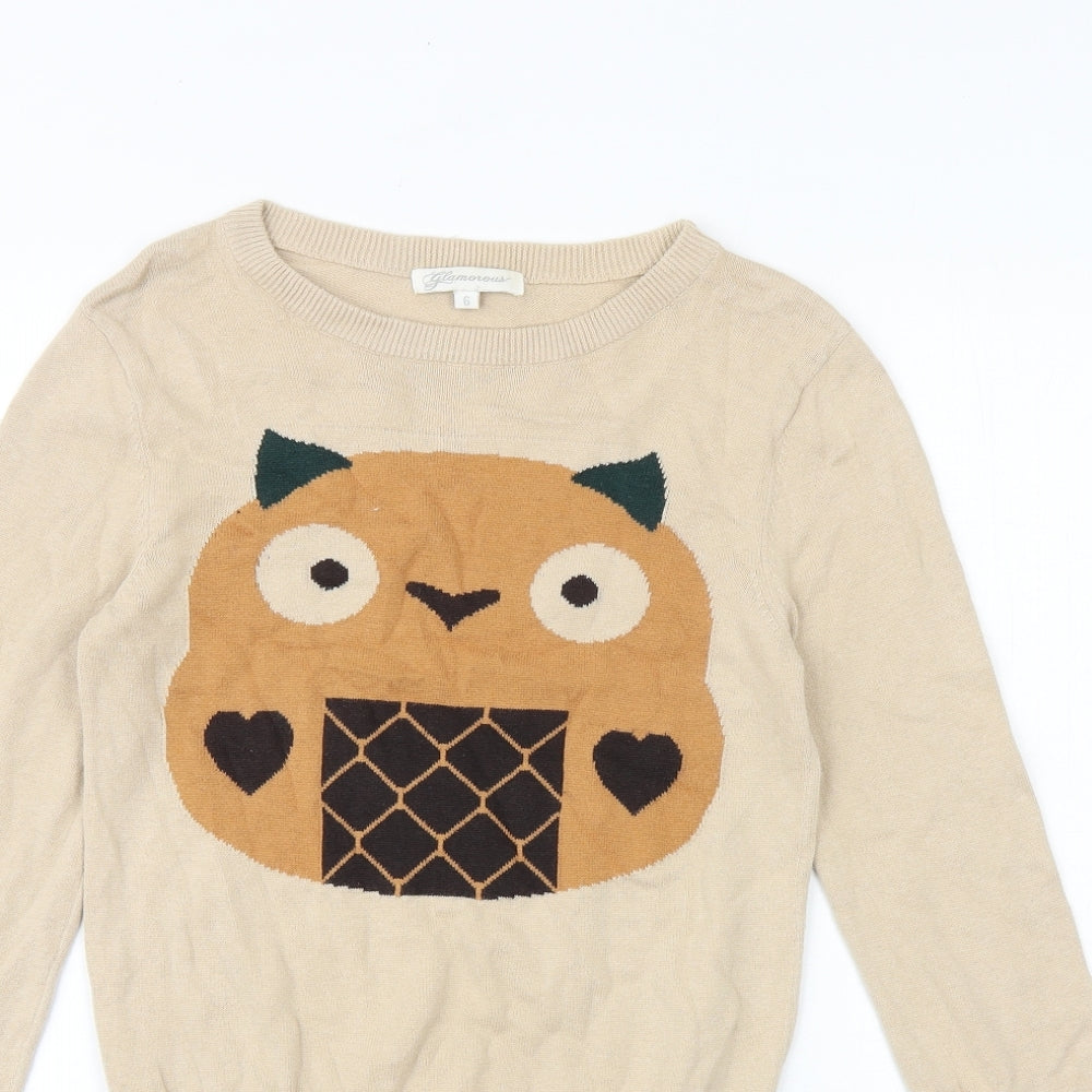 Glamorous Womens Beige Boat Neck 100% Cotton Pullover Jumper Size 6 - Owl