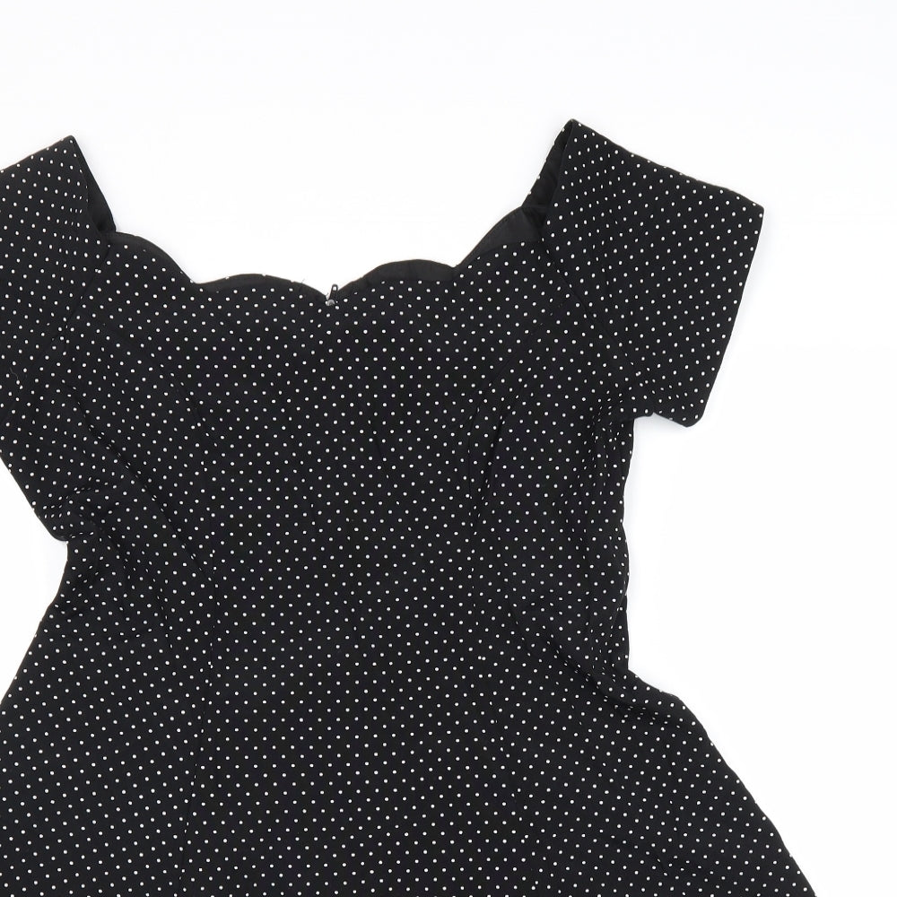 Dramatix Womens Black Polka Dot Viscose Fit & Flare Size 10 Boat Neck Zip - Scalloped Neckline