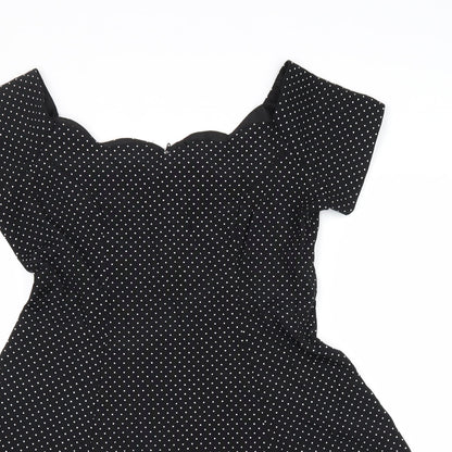 Dramatix Womens Black Polka Dot Viscose Fit & Flare Size 10 Boat Neck Zip - Scalloped Neckline