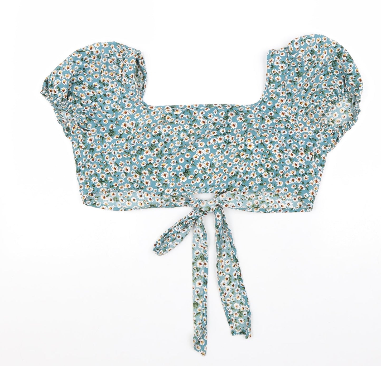 SheIn Womens Blue Floral Polyester Cropped Blouse Size M Square Neck - Tie Detail