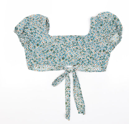 SheIn Womens Blue Floral Polyester Cropped Blouse Size M Square Neck - Tie Detail