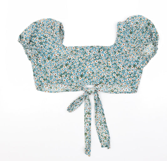 SheIn Womens Blue Floral Polyester Cropped Blouse Size M Square Neck - Tie Detail