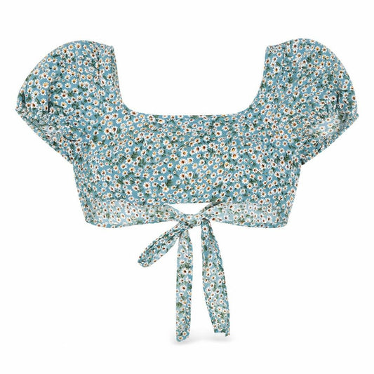 SheIn Womens Blue Floral Polyester Cropped Blouse Size M Square Neck - Tie Detail
