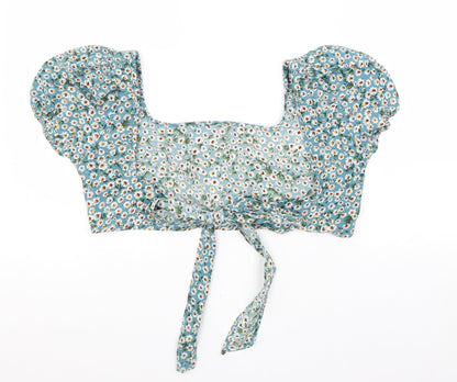 SheIn Womens Blue Floral Polyester Cropped Blouse Size M Square Neck - Tie Detail