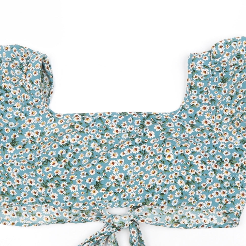 SheIn Womens Blue Floral Polyester Cropped Blouse Size M Square Neck - Tie Detail