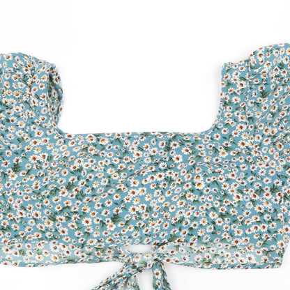 SheIn Womens Blue Floral Polyester Cropped Blouse Size M Square Neck - Tie Detail