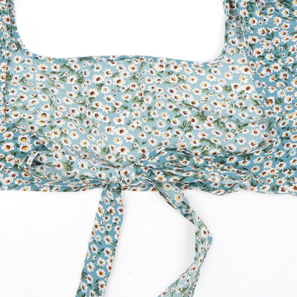 SheIn Womens Blue Floral Polyester Cropped Blouse Size M Square Neck - Tie Detail