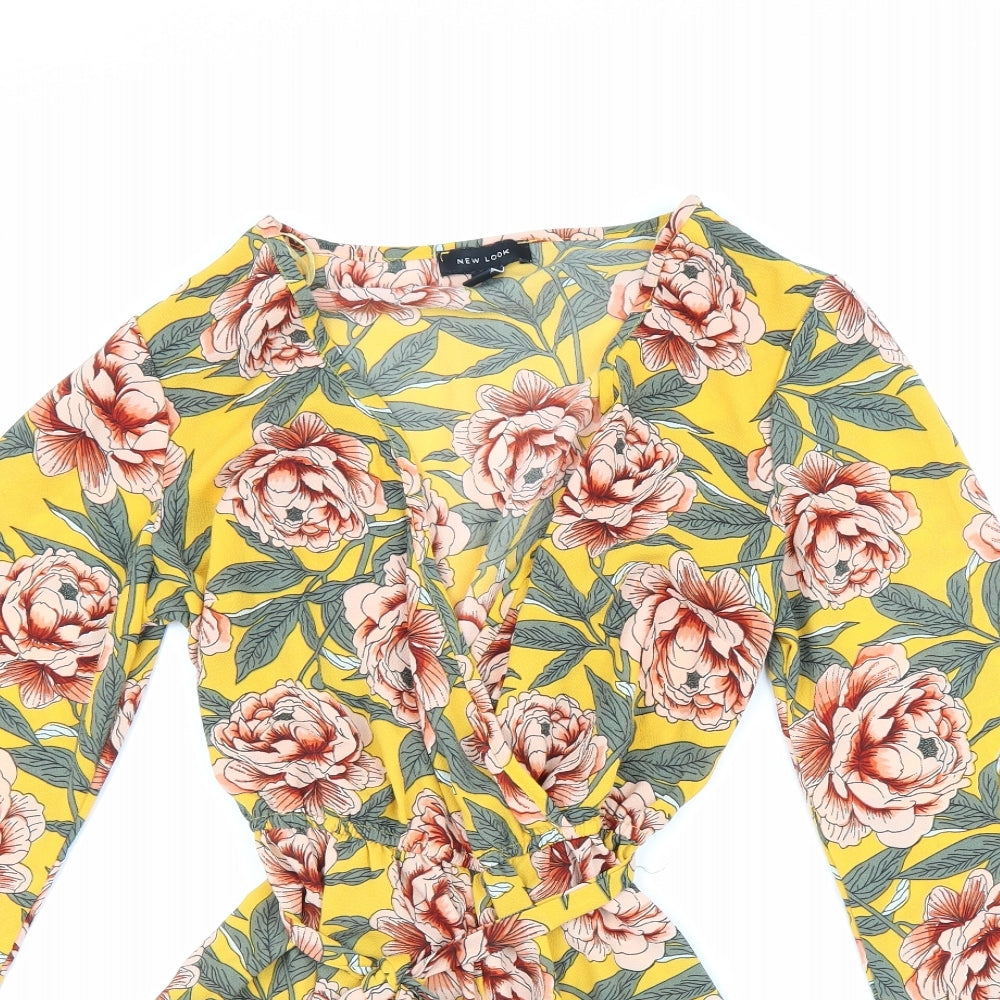 New Look Womens Yellow Floral Viscose Playsuit One-Piece Size 8 Tie