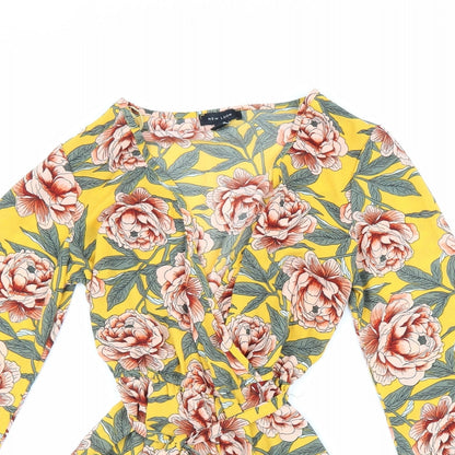New Look Womens Yellow Floral Viscose Playsuit One-Piece Size 8 Tie
