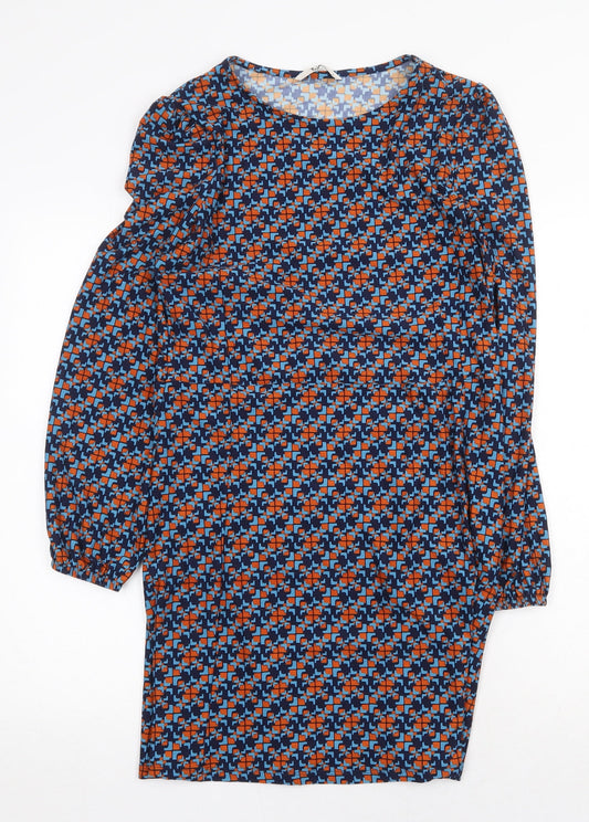 TU Womens Blue Geometric Polyester A-Line Size 8 Round Neck Pullover