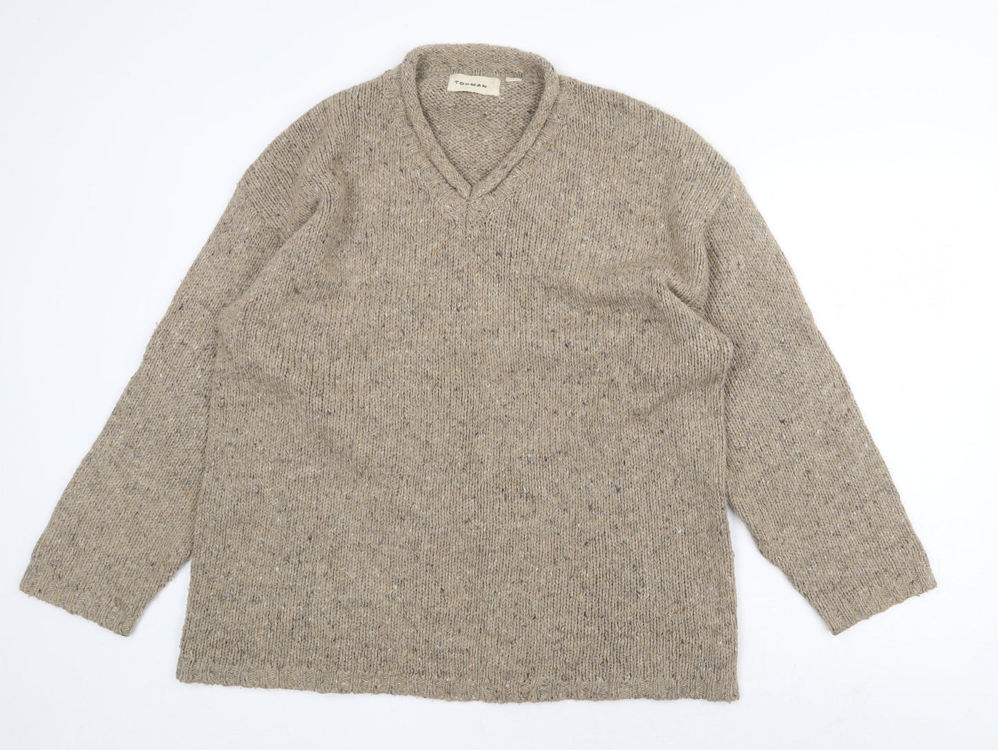 Topman Mens Beige V-Neck Acrylic Pullover Jumper Size L Long Sleeve